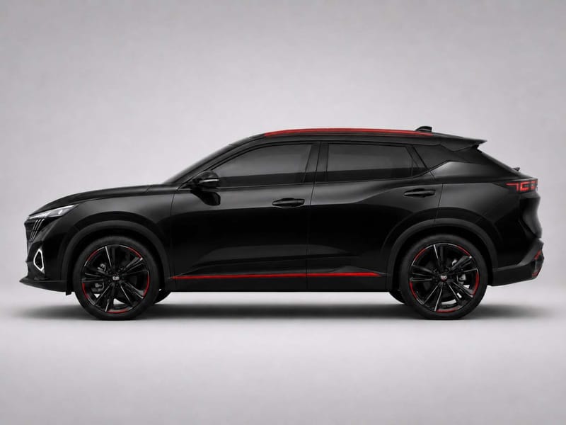 Vista lateral del SUV compacto negro con franjas rojas.